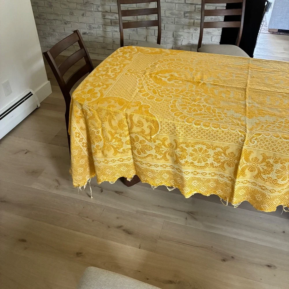 Vintage Italian Gold Jacquard Damask Tablecloth 94x70 Ornate Floral Scalloped